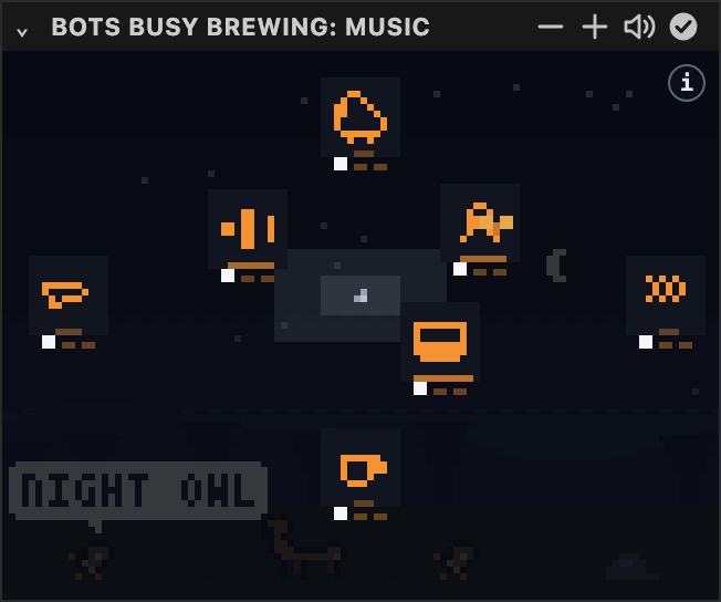 The Bots Busy Brewing: Music sidebar arranging the Night Owl room: pixel-art sound cards floating over a forest at night